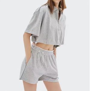 Design décontracté Street Wear femmes gris Fitness Shorts coton éponge épais Baggy Sweat Shorts avec logos - Product Image 1