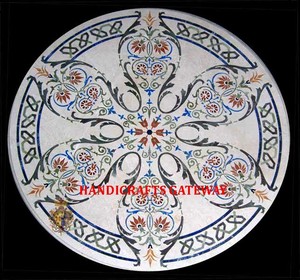 White Marble Inlay <b>Work</b> <b>Table</b> Top With Semi Precious Marble Inlay Round Shape Handmade Coffee And Tea <b>Table</b> Indian Manufacturing - Product Image 1