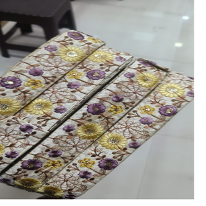 Custom-Made Machine Embroidered <b>Silk</b> Lace Ribbons Floral Designs on Raw <b>Silk</b> Base Fabric with Attached Sequins in Single Colour - Product Image 1