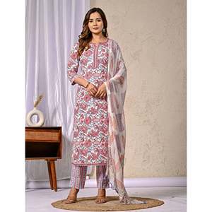 ชุดคุรตะผ้าฝ้ายสีขาวพร้อมกางเกงขายาว แขนสามส่วน ลายพิมพ์บล็อก เหมาะสำหรับใส่ในชีวิตประจำวัน - Product Image 5