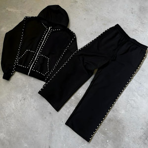 Vente en gros de pantalons à capuche en coton 100% personnalisé pour hommes, survêtements respirants, hiver, sweat à capuche zippé avec strass pour hommes - Product Image 1