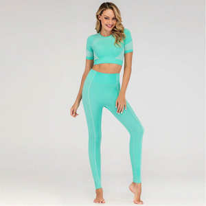 Women's Eco-Friendly Seamless High Waist Yoga Set-2-Piece Comfortable Stylish Activewear Short Sleeve <b>Crop</b> Top Ribbed <b>Leggings</b> - Product Image 1