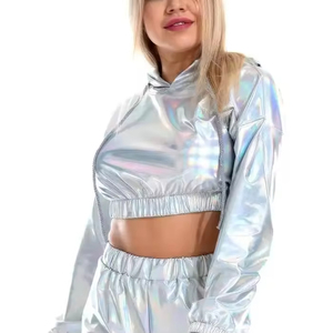 Sweat-shirt court réfléchissant métallique personnalisé à prix avantageux pour femmes, style pull, streetwear décontracté, haut tendance, vente en gros - Product Image 5