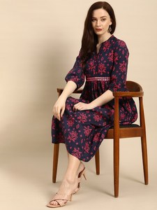 Robe longue évasée à motif floral pour femme, été 2024, col en V, manches longues, décoration en cristal, élégante, tissu 100% coton délavé - Product Image 4
