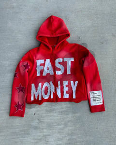 Sudadera con capucha gráfica recortada con cremallera para hombre con apliques de estrella 'Fast Money' desgastados estilo de calle único en varios colores - Product Image 4