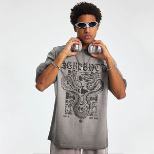 T-shirt pour homme à col en V, imprimé rétro, anti-froissement, respirant, couleur unie, coupe ample, trous, vieux lavage, 100% coton - Product Image 2