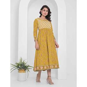 Vestido Anarkali Largo de Algodón Color Mostaza con Estampado Étnico y Otros Accesorios Étnicos - Product Image 3