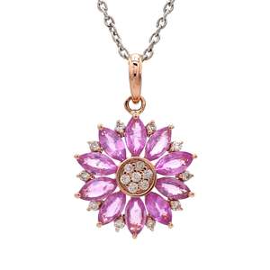 จี้พลอยแซฟไฟร์สีชมพูธรรมชาติทำจากทองคำบริสุทธิ์14K ดีไซน์ดอกไม้และเพชรปูเป็นจี้หรูหรา - Product Image 1