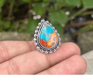 Artisan fait à la main 925 argent Sterling huître épineuse cuivre Turquoise bague en pierres précieuses Boho vacances bijoux cadeau personnalisé pour elle - Product Image 4