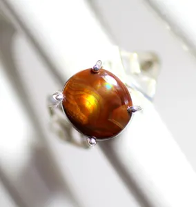 แหวนทําพลอยอาเกตไฟเม็กซิกันธรรมชาติ Cabochon พลอย 925 เงินสเตอร์ลิง - Product Image 1