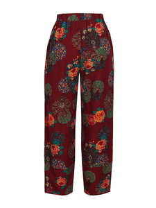 Pantalon en lin de coton à imprimé floral grande taille pour femme avec taille élastique pantalon ample à la cheville pour un usage décontracté en hiver - Product Image 4
