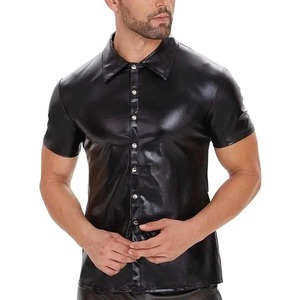 Camisas sexis de cuero brillante para hombre, camisas de manga corta de piel sintética con cuello vuelto, camisa moldeadora para hombre, disfraces de actuación en escenario - Product Image 1