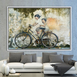 Printed Modern Abstract Canvas Art - Vibrant Children on Bike Design,1P:White <b>Framed</b> - Product Image 1