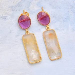 Natural Golden Rutile Gemstone Of High Quality 925 Sterling Silver Bezel Setting Earrings By Manufacturer Wholesale