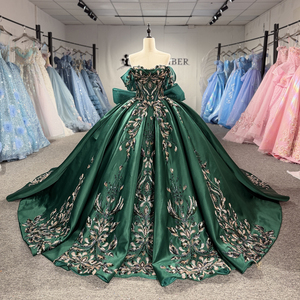 8553 Beautiful Natural Sweetheart High-End Satin <b>Emerald</b> Green Bow Quinceanera <b>Dress</b> with Chapel Train Embroidery Print - Product Image 1