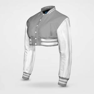 Por encargo al por mayor recortada chaqueta universitaria para las mujeres de cuero genuino y lana bordado estilo universitario abrigo corto - Product Image 4