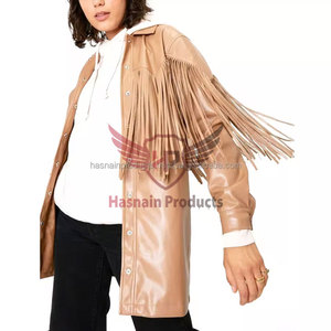 Womens Real Beige Leather <b>Jacket</b> Fringe Tassels Snap Front Sheepskin Tan <b>Western</b> Cowgirl Shacket Coat Custom Winter Outerwear - Product Image 4