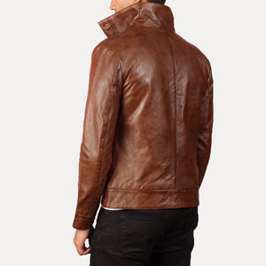 Men's Leather Custom Design Full Sleeves Real Leather <b>Jacket</b> High-neck Buttoned Cuffs Open Hem Style Leather <b>Jacket</b> - Product Image 4