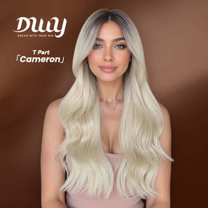 Perruque synthétique Cameron -DWY T Part sans colle, mi-longue, lisse, dégradé blond perle, en liquidation - Product Image 1