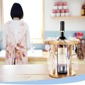 Porte-bouteille de vin en bois à 6 verres de qualité supérieure Meilleur ustensile de service avec 1 capacité de bouteille Accessoires pour la maison pour ensembles de bar - Product Image 1