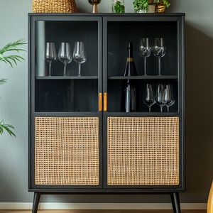 Modern Black Display Cabinet with Glass Doors and Rattan Panels, Storage Bar Cabinet <b>for</b> Dining Room Living Room - Product Image 2