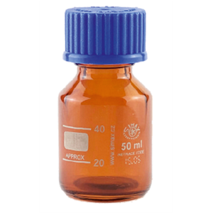 Bottiglia da laboratorio SIMAX con graduazione in vetro marrone (vetro borosilicato 3.3), con tappo blu e anello di versamento b - Product Image 1