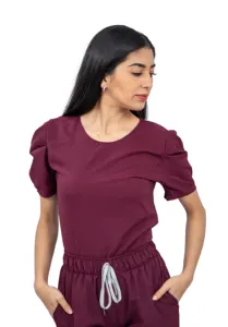 Women Antifluid Wine Scrub Set With Round Neck Top And Stretch Jogger Pants Cargo Pockets Custom
