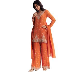 Chinon Cutdana Sequin Threadwork Kurta Palazzo Suit Venta al por mayor Mujeres Ropa étnica OEMFactory Proveedor a granel Moda de fiesta personalizada - Product Image 4