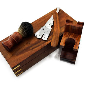 Brocha de peluquero profesional Mango de madera Brocha de afeitar Mango de madera Maquinilla de afeitar recta con caja de madera - Product Image 1