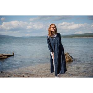 ชุดผ้าลินินแนวรีสอร์ตเป็นมิตรกับสิ่งแวดล้อมสำหรับผู้หญิงเสื้อแจ็คเก็ตกิโมโนสีน้ำเงินเข้มกางเกงผ้าลินินสุดยอดชุดโบโฮสำหรับฤดูร้อนเอวธรรมชาติชายฝั่งทะเล - Product Image 4