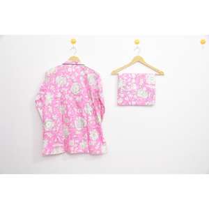 Ensemble de pyjama en coton floral rose 100% coton, imprimé à la main, vêtements de nuit pour femmes, ensembles de vêtements de nuit confortables pour femmes - Product Image 2