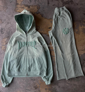 Sudadera con capucha y cremallera con lavado ácido personalizada para hombre, conjunto de Jogger con estampado de hojaldre Acampanado y pantalones de chándal, chándales de invierno - Product Image 6