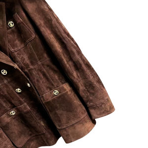 Luxury Natural <b>Women's</b> Suede Sheep <b>Leather</b> Blazer <b>Jacket</b> <b>Brown</b> Winter Summer Breathable Stand Collar Button Front - Product Image 5