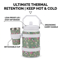 Carafe isotherme florale en acier inoxydable 304 de 64 oz avec poignée, porte-gobelet intégré de 6 oz et couvercle à paille anti-fuite
