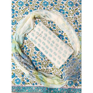 Hand Block Drawn Blue Floral Jaal Print Cotton Salwar Kameez with Shiffon Dupatta (HBS0010) - Product Image 1