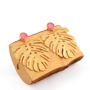 Latest Fashion Gold Plated Designer Leaf With pink Sugar Druzy Hanging Push <b>Back</b> Stud <b>Earrings</b> Plain Metal Leaf Dangle <b>Earrings</b> - Product Image 4