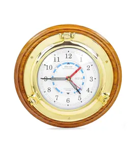 Brass Porthole Solid Wood Base Time's Clock with Tide Dial