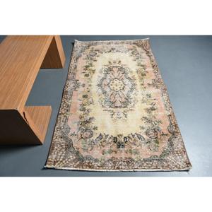 Vintage Accent Rug 3.8x6.3 ft, <b>Brown</b> Ikat Turkish <b>Wool</b> Rug - Product Image 1