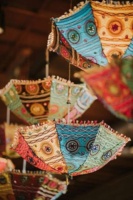 Payung pantai klasik, payung motif blok India, payung matahari, desain unik, payung dekorasi luar ruangan, payung motif blok tangan