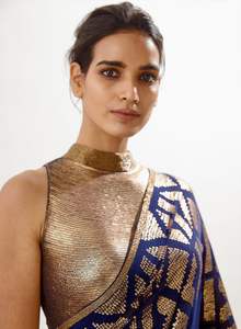 Sari de trabajo de secuencia bordada Georgette azul marino con estilo moderno con pieza de blusa para fiestas de boda para damas - Product Image 2