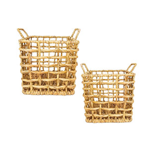 Cesta de almacenamiento de jacinto de agua redonda de bambú de ratán de algas marinas decorativas, manijas de forro de algodón, decoración rústica para el hogar, organizador de lavandería - Product Image 1