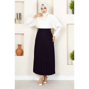 Dark Eggplant Purple <b>Elastic</b> Waist Pleated Hijab <b>Skirt</b> Breathable Mid-Length Spandex Denim Fabric Embroidered Plain XS Print - Product Image 1