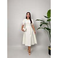Robe midi MissJANELL 2111 en tissu tissé naturel solide avec élasthanne/polyester, coupe trapèze, col bébé, ceinture et lien – Bordeaux