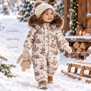 Tuta Invernale per Bambini con Stampa Floreale e Cervo, Imbottita con Cappuccio e Bordo in <span class=keywords><strong>Pelliccia</strong></span> Sintetica, Calda per Neonati e Bambini, Personalizzabile all'Ingrosso - Product Image 4