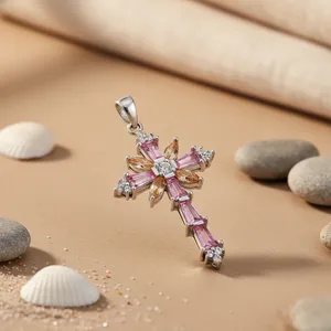 Art Palace Colgante de Plata 925 para Mujer, Hecho a Mano, con Baño de Oro Blanco, Oro Rosa y Rodio, Cruz de Circones, Amuleto Religioso, Tercera Parte - Product Image 1