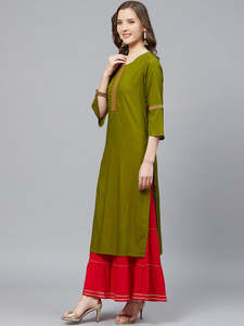 Conjunto de Kurta Sharara para Mujer, Formal, 100% Algodón, Secado Rápido, Corte Regular, Cuello Redondo, Largo hasta el Tobillo, Recto, para Verano, Verde Oliva, Rojo - Product Image 4