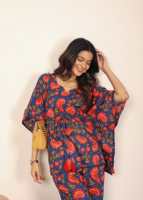 Ensemble deux pièces de style caftan rose multi floral 100% coton Indo Western Co-ord Front Tie Top Pantalon droit Sweet OEM disponible