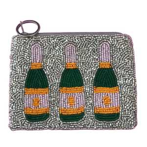 Monedero de Fiesta Hecho a Mano con Cuentas Plateadas en Forma de Botella de Champán, Bolsa con Cuentas Verdes Bordadas, Mini Cartera con Cremallera, Llavero, Tarjetero - Product Image 1