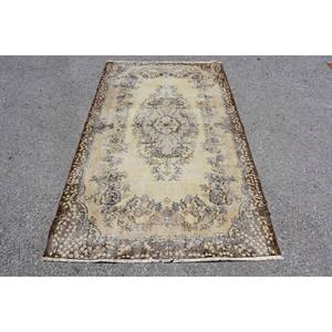 Alfombra turca de área grande Vintage, diseño de retazos beige y marrón, estilo clásico, 3,9x6,5 pies, para dormitorio, Material de lana con respaldo de látex - Product Image 1