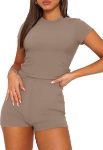 Conjunto de entrenamiento de 2 piezas acanalado sin costuras para mujer, Top corto de manga corta, pantalones cortos de Yoga de cintura alta, Material de algodón para el gimnasio diario - Product Image 4